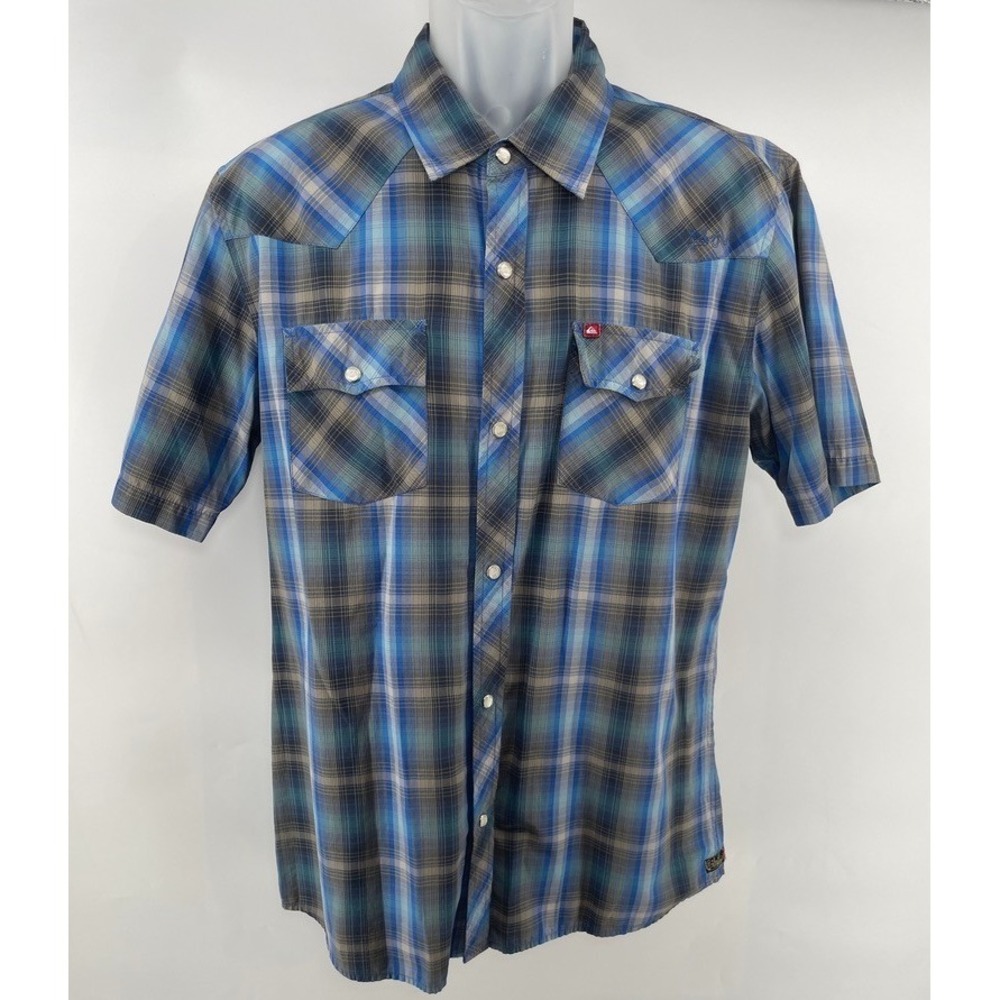 Vtg Quiksilver Shirt Men L Blue Western Pearl Snap Short Sleeve Y2K 90s Grunge